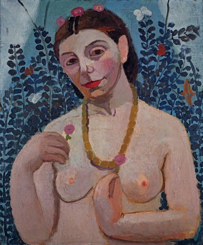 An oil painting of the naked top half of a woman