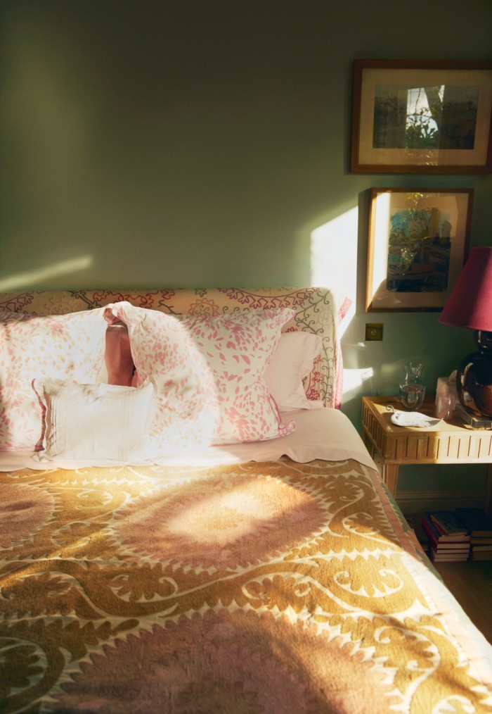 Konig’s bedroom, with D Porthault pillowcases and a Nushka bedspread