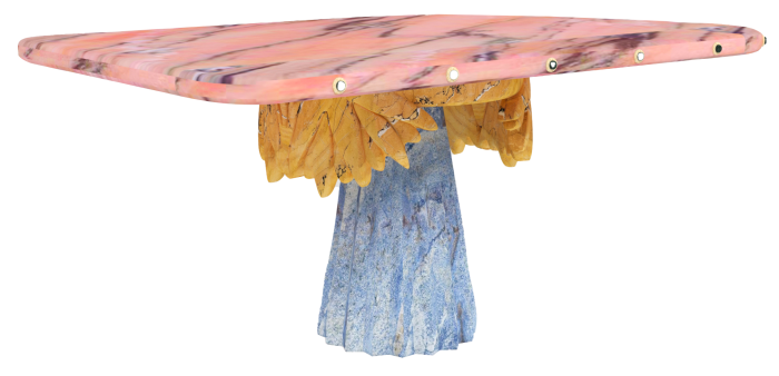 A dining table consisting of a mottled blue column supporting a pink oblong top with a yellow/orange frayed concertina where the top meets the support 