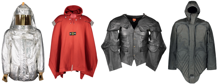 From left: Globe fire proximity suit, 2010. Stone Island zeltbahn cape, 1982. Vivienne Westwood leather armour jacket, 1988. Vexed Generation ballistic nylon parka, 1996