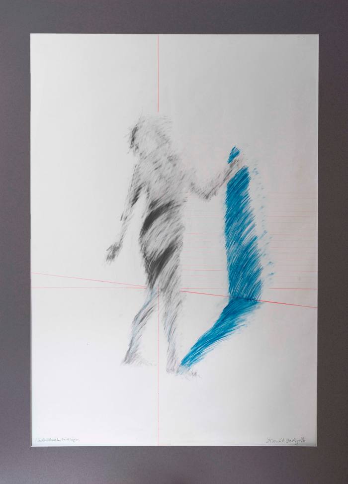 Drawing in rapid lines of a person standing with a blue shadow