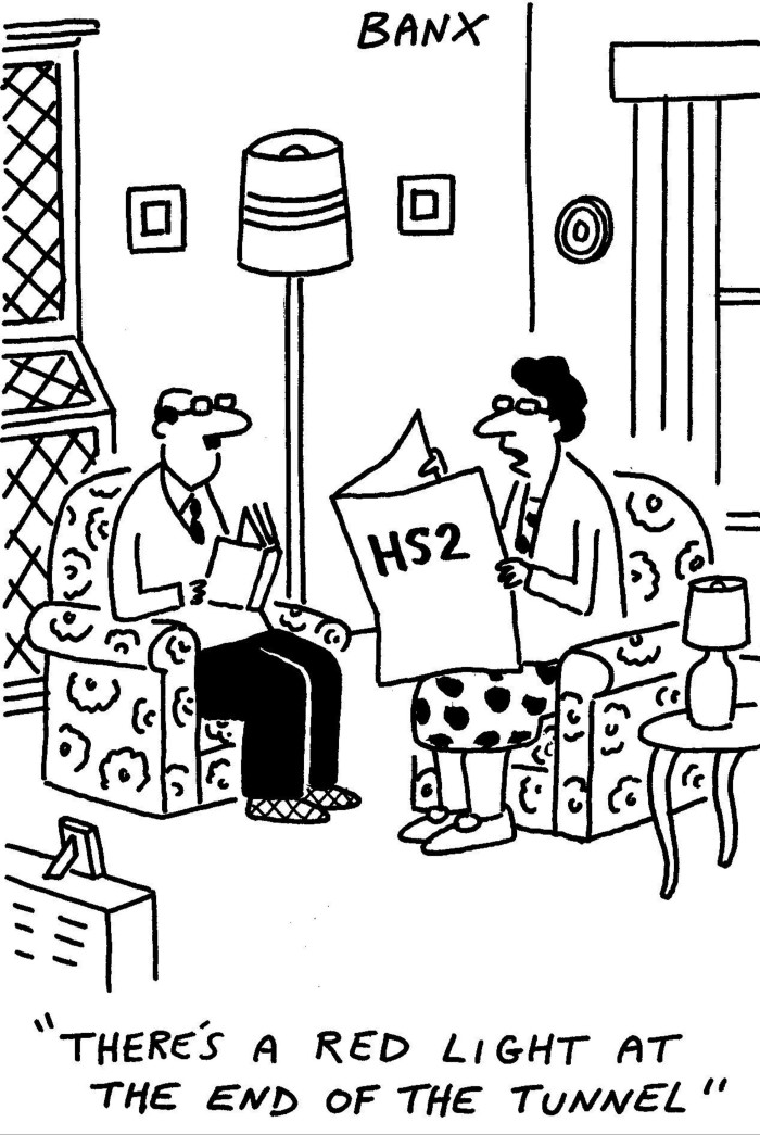 Cartoon of a woman reading a newspaper with ‘HS2’ on the front page, while a man reads a book. They are seated on armchairs facing each other.