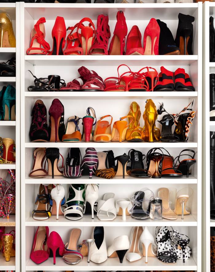Fatemi’s shoe collection includes vintage white Celine pairs, red and black Sonia Rykiel and high-street River Island