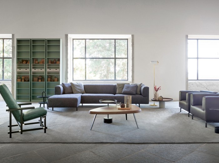 Cassina beechwood and leather Red and Blue chair by Gerrit Rietveld, reissued in green and black, from £2,268, and anthracite and fabric Met sofa by Piero Lissoni with an added chaise longue element, from £3,924