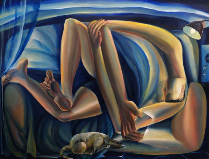 An oil painting of an abstracted human body with oversized limbs, surrounded by blue drapery
