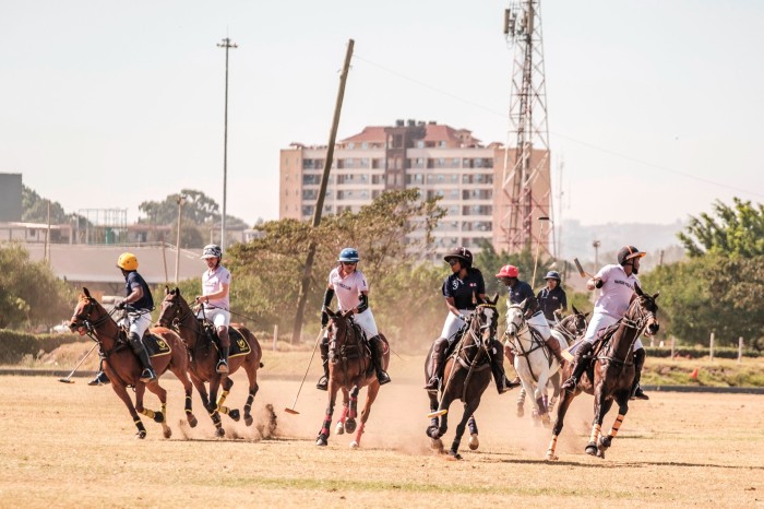 Polo players on horses compete for the ball 