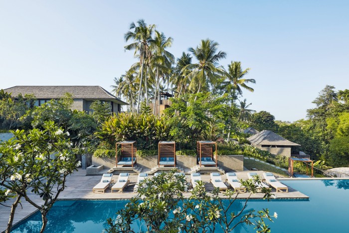 The swimming pool at the luxury resort of Nirjhara in Bali