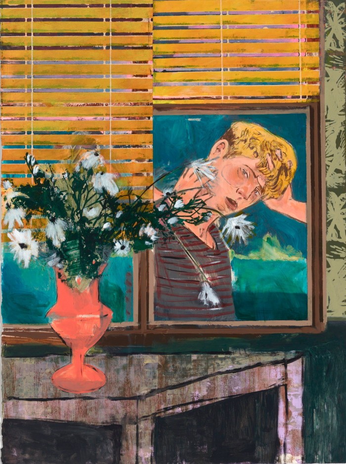 Painting of a blond young man looking through an open window behind a tabel with a vase of flowers on