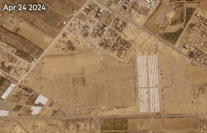 Satellite image on Apr 24 2024 showing formal tent camp in Khan Younis governorate, within the al-Mawasi humanitarian zone.