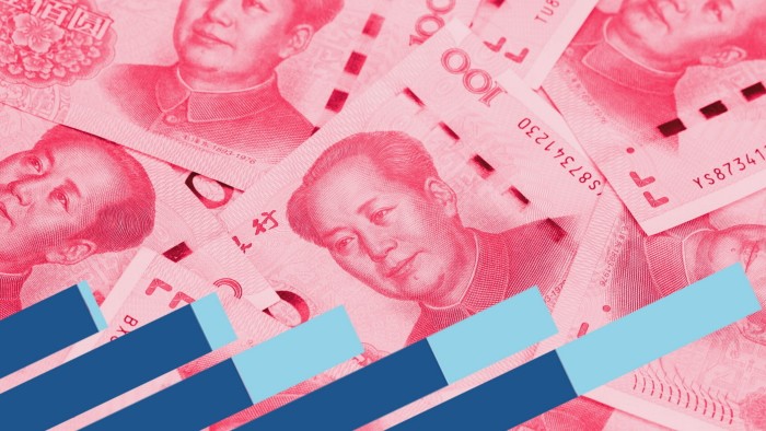 Montage of renminbi notes with an increasing bar graph overlaid