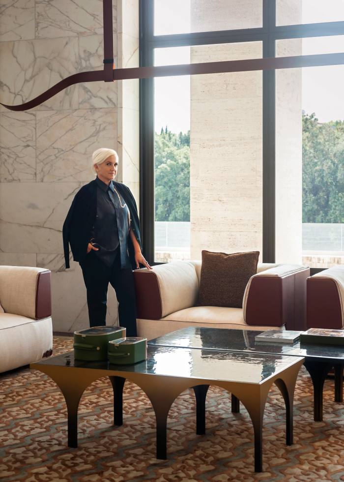 Silvia Venturini Fendi with Metropolis, a coffee table designed by Atelier Oï, the New Soho sofa and armchairs by Toan Nguyen. The rug features the Karligraphy logo created by Karl Lagerfeld