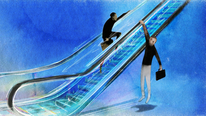 Illustration of one figure climbing up a down escalator while another figure hangs off the moving handrail coming down