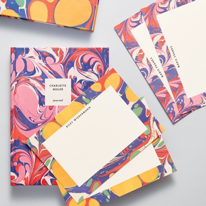 Papier personalised Marble notebook, £19.99, and notecards, from £20 for 10