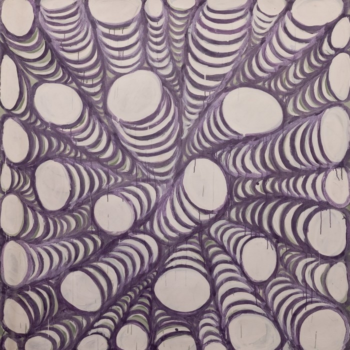 Painting of purple ovals stacked on top of one another in high piles from above