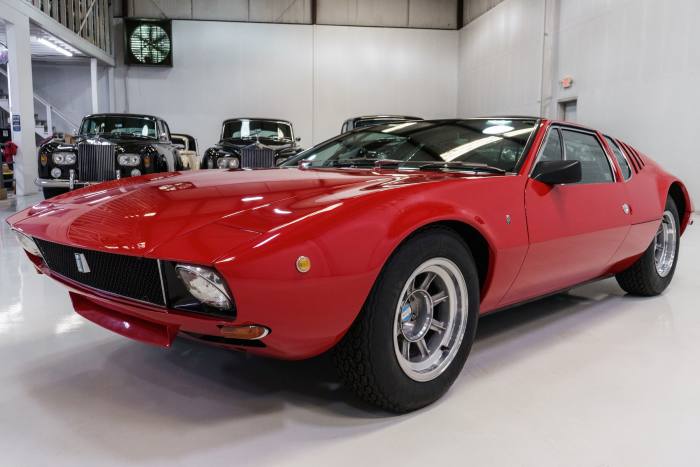 A 1970 De Tomaso Mangusta on sale with Daniel Schmitt & Co for $379,900; the US spec features pop-up headlights designed to comply with American legislation