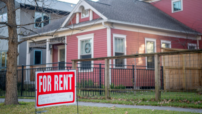 A ‘For rent’ sign near a home in Houston, Texas