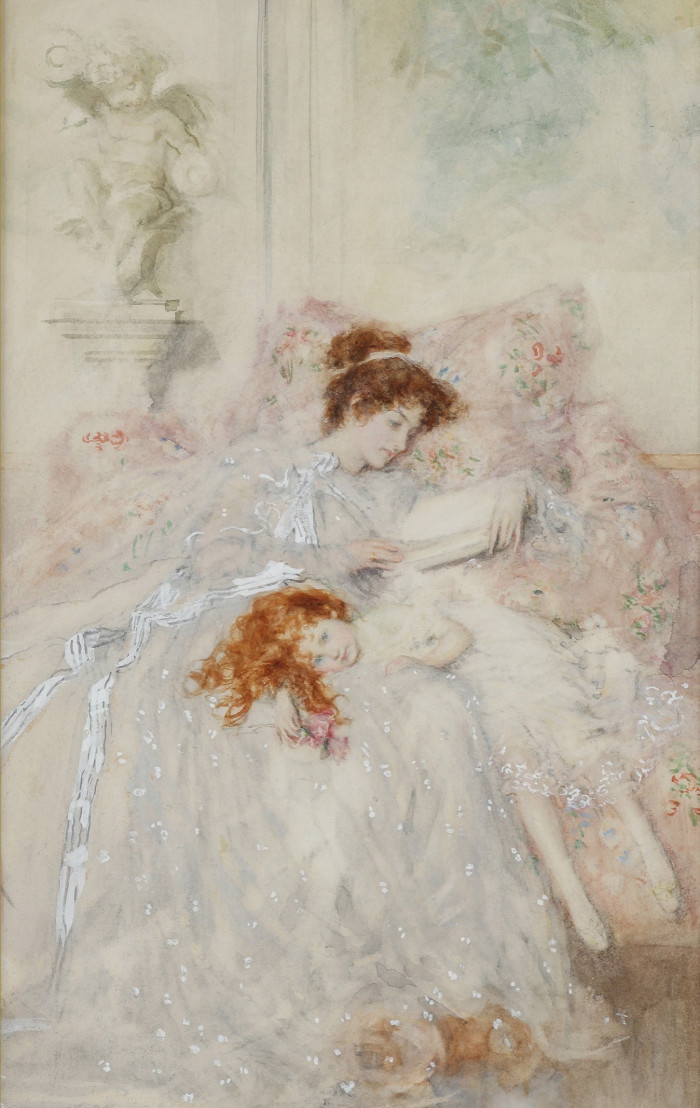 In a painting, two ginger girls lay on a voluminous pink bed dressed in white, airy dresses in a frescoed room. The eldest one reads a book while the youngest rests on her legs.