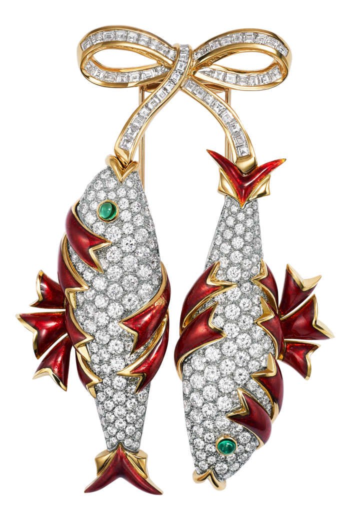 Tiffany gold, platinum, diamond, emerald and enamel Twin-Fish clip, POA