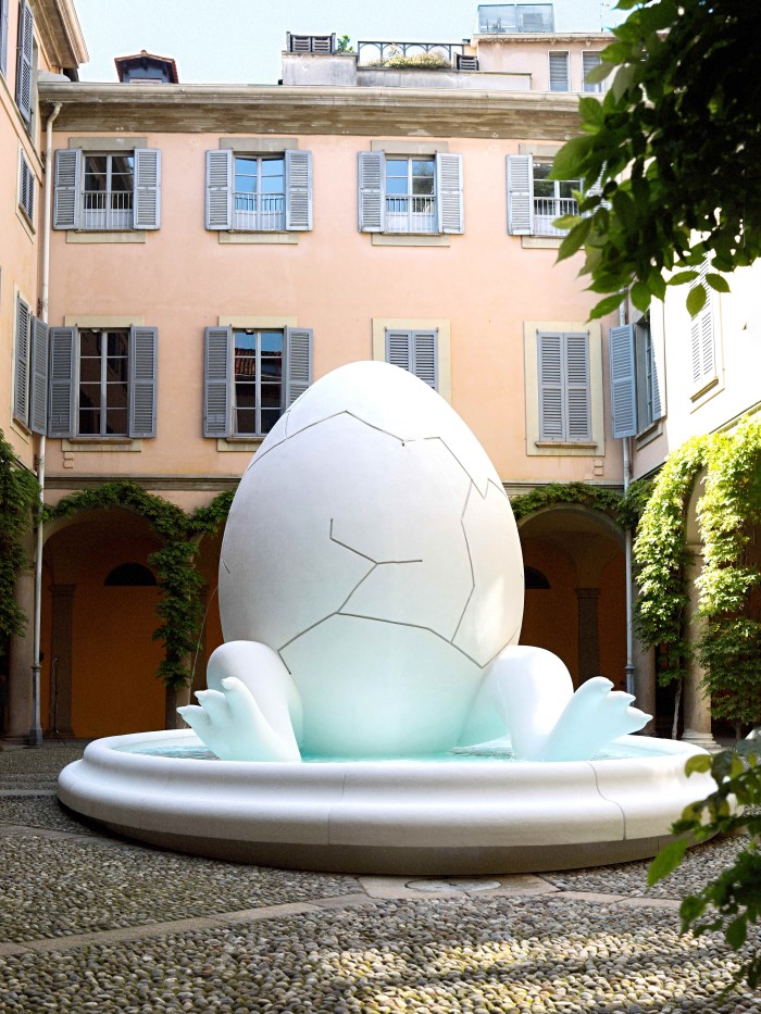 The egg fountain at Alessi’s Myth Makes Belief exhibition at the Palazzo Borromeo d’Adda