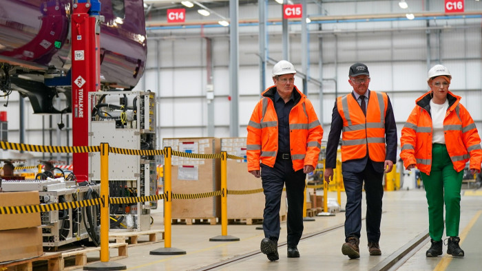 Labour leader Keir Starmer, left, and shadow transport secretary Louise Haigh, right, tour the Hitachi train plant in Aycliffe 