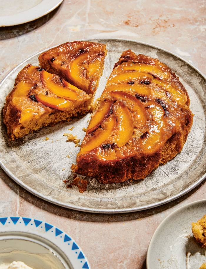 Helen Graves’ upside-down nectarine cake with thyme cream from Live Fire