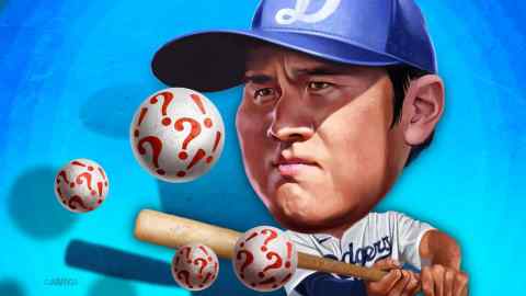 Illustration of Shohei Ohtani in baseball cap and Dodgers uniform swinging his bat to hit three balls covered in question marks