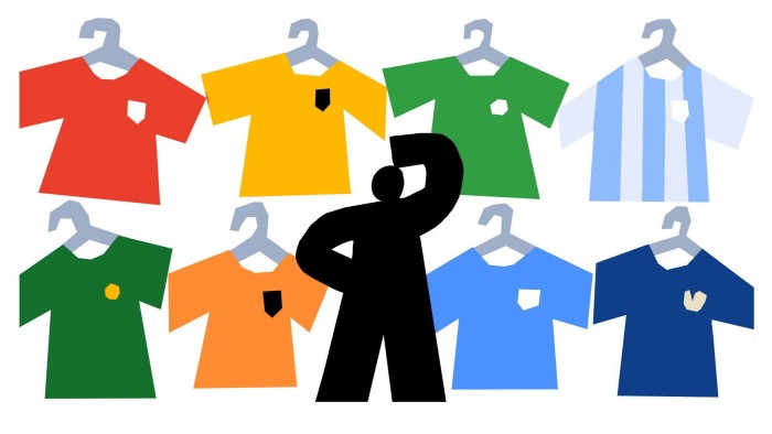 Illustration of eight football shirts in different colours and patterns on hangers in two rows of four with a person standing in front of them - one hand on his waist, the other on his head as if he is thinking which one to choose