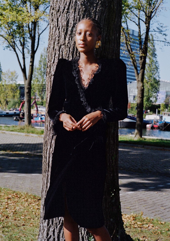Alissa Renfrum is a final-year student at Albeda College, Rotterdam, studying administration. Saint Laurent by Anthony Vaccarello velvet dress, £2,195, and gold-plated earrings, £525