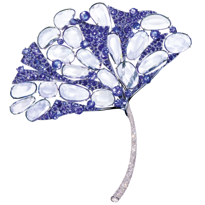 Feng J purple spinel, double rose-cut coloured sapphire, tanzanite, opal, diamond, and 18ct-gold coloured ginkgo leaf brooch, POA