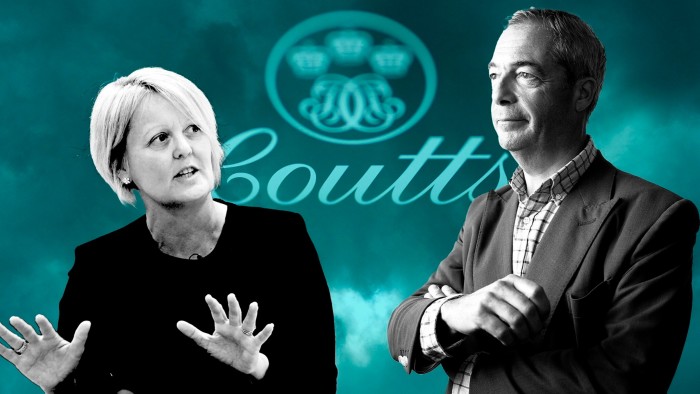A montage showing Dame Alison Rose, left, and Nigel Farage, right, against the Coutts logo