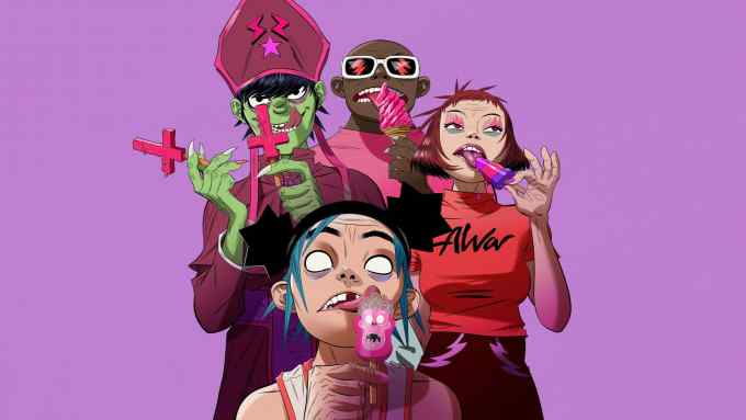 Four members of the cartoon band Gorillaz lick brightly coloured ice creams against a lavender background