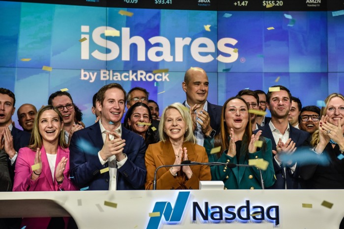 Samara Cohen, chief investment officer of ETF and index investments at BlackRock, centre, rang the opening bell at the Nasdaq Exchange in New York on Thursday