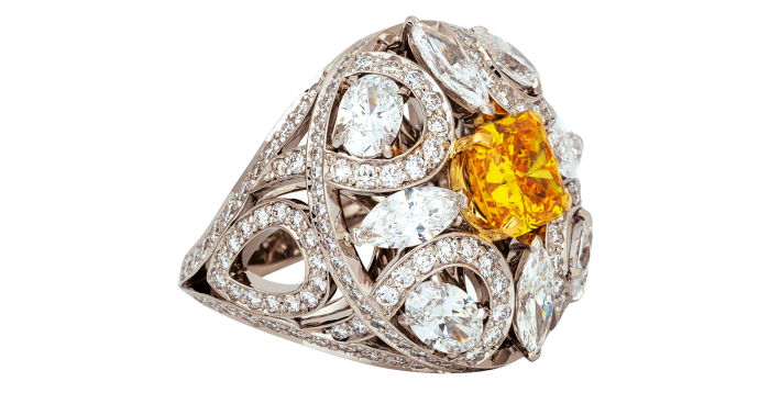 Boodles 1.68ct vivid orange-yellow diamond, platinum and 19ct-yellow-gold Scroll Design ring, POA