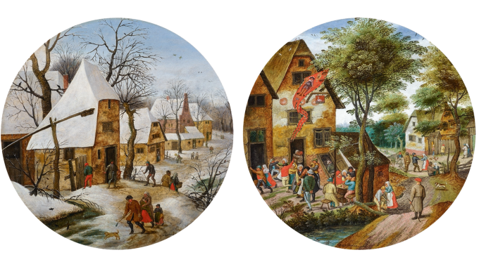 Round very detailed paintings of village life in 16th-century Holland