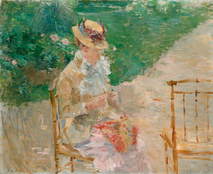 An oil painting in free-ish brushstrokes of a young woman in a straw hat and pale dress sitting on a terrace before a lawn