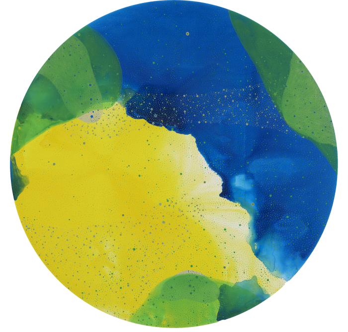 Round abstract painting, mainly patches of various shades of yellow, green and blue 