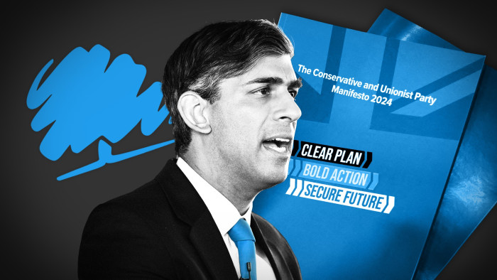 A montage of Rishi Sunak and the Conservative party logo and the party manifesto