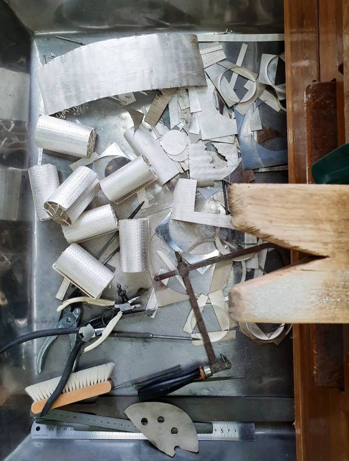 The tools and silver offcuts in Sungho Cho’s workbench drawer