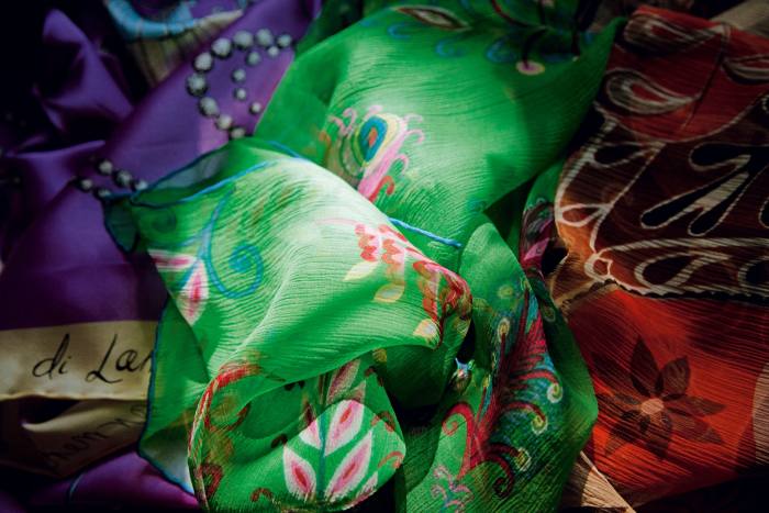 Silk scarves designed by Roden’s daughter Nadia