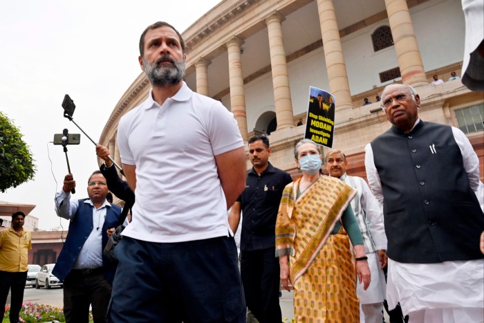 Rahul Gandhi leads other opposition MPs at a protest in New Delhi in March after he raised questions in parliament about Prime Minister Narendra Modi’s ties to Gautam Adani