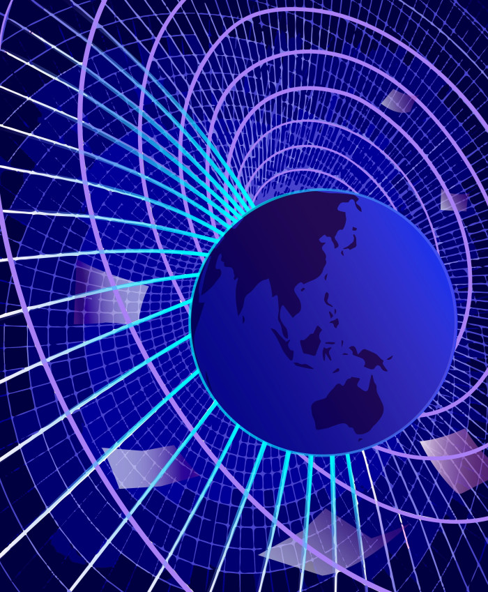 A dynamic and colorful representation of the globe with emphasis on Asia and Australia, overlaid with a neon blue and purple grid pattern