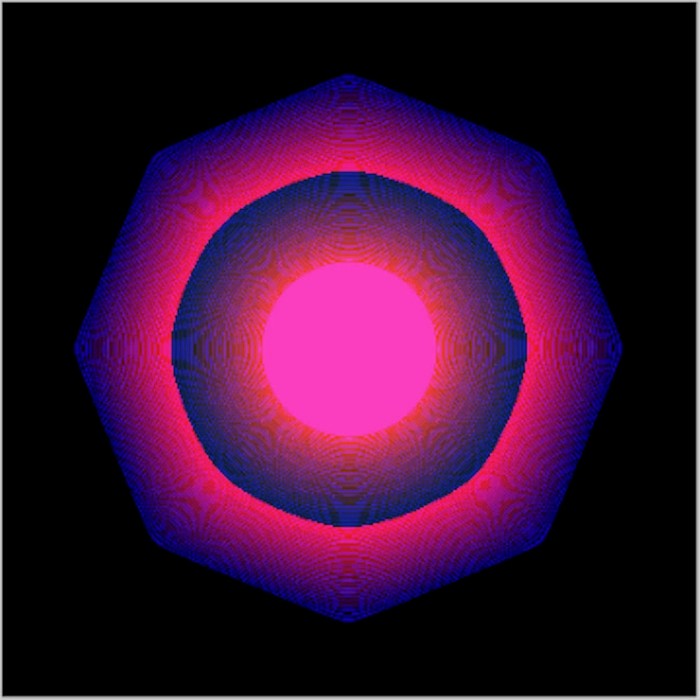 A pink circle with blurred edges within blue and pink circles on a black background