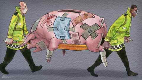Illustration of two paramedics carrying a patched up piggy bank on a stretcher