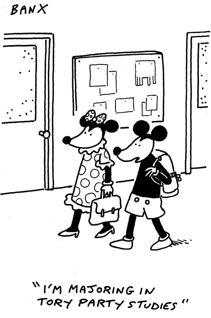 Banx cartoon of two mouse characters walking down a school hallway, with one saying, ‘I’m majoring in Tory party studies’