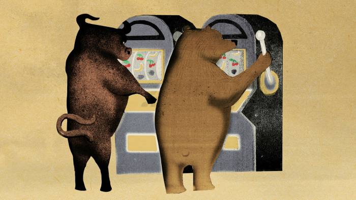Ellie Foreman-Peck illustration of a bull and a bear playing slot machines