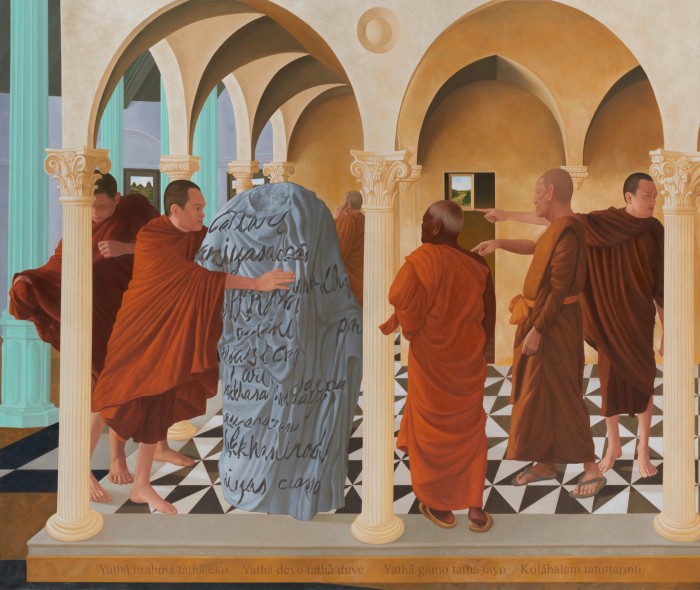 A neo-classical oil painting featuring a group of men wearing Buddhist monks’ robes standing underneath a vaulted structure supported by columns 