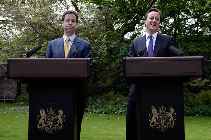 Clegg and David Cameron giving their first joint press conference in the Downing Street rose garden, May 2010