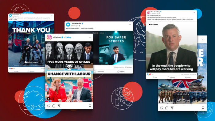 A collage of many Facebook and Instagram ads over a background with a red and blue gradient.