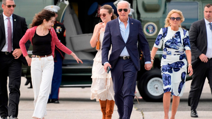 Joe Biden, Jill Biden and their granddaughters arrive at East Hampton airport via Marine One