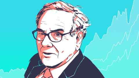 An illustration of Warren Buffett against a chart backdrop